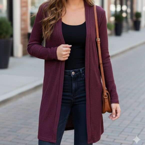 Aeropostale Long Open Heathered Burgundy Ribbed Cardigan Sweater Size Small - Picture 1 of 4